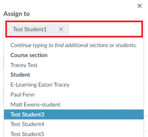 screenshot showing list of student names in the assign to box