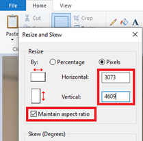 screenshot of MS Paint - maintain aspect ratio
