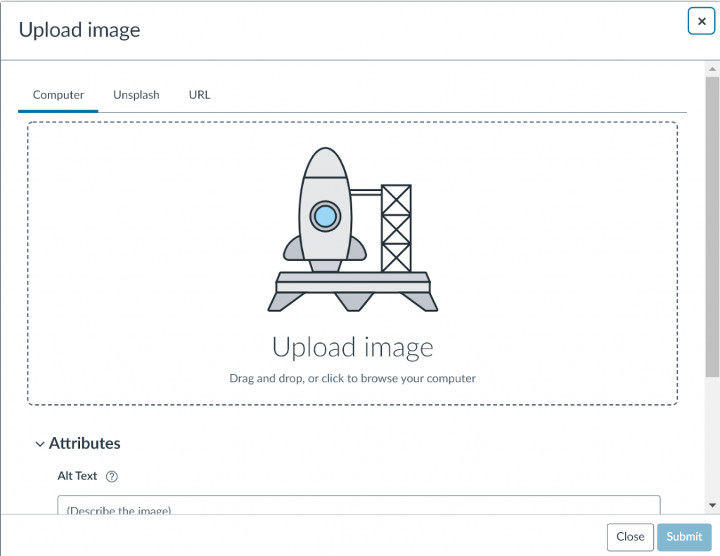 screenshot showing the Canvas upload image box